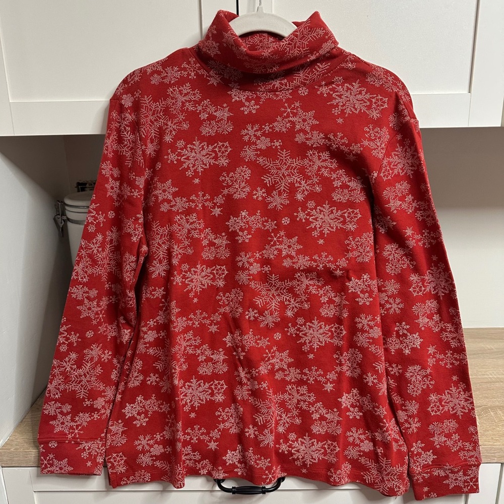 Classic Elements Turtleneck Women XL Red Snowflake Print Long Sleeve Cotton Top
